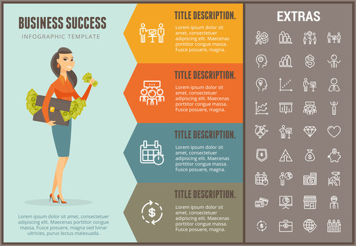 Business success infographic options template, elements and icons. Infograph includes line icon set with business worker, successful businessman, corporate leader, market data, money, piggy bank etc.