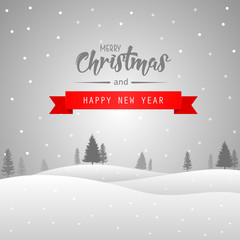 Merry christmas and happy new year greeting card with red ribbon