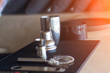 Equipment and accessories set of bar accessories and ingredients for making a cocktails