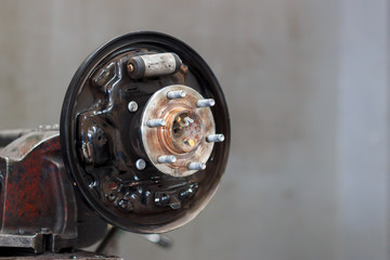 closeup car wheel repair with soft-focus and overlight in the background