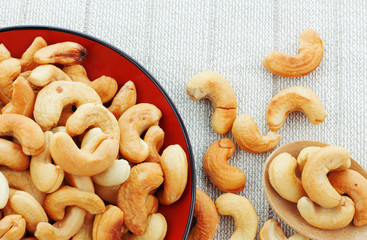 Cashew salt roasted on tablecloth.