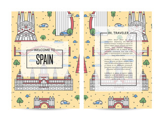 Spain traveling banners set with famous monuments and space for text. Touristic tour vector advertising for travel agency. Spanish architectural landmarks and traditional symbols in linear style.