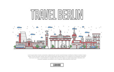 Travel Berlin poster with architectural attractions in linear style. Worldwide traveling and time to travel concept. Berlin skyline with famous landmarks, german tourism and journey vector background