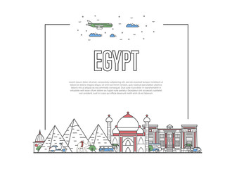 Travel Egypt poster with famous architectural attractions in linear style. Worldwide traveling, time to travel concept. Egyptian landmarks, city skyline, global tourism and journey vector background.