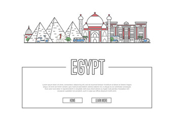 Travel Egypt vector composition with famous architectural landmarks in linear style. Worldwide traveling and time to travel concept. Egyptian national attractions on white background, global tourism.