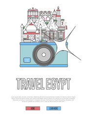 Obraz premium Travel Egypt poster with famous architectural attractions on big camera. Worldwide traveling and time to travel vector concept in linear style. Egyptian national landmarks, world tourism and journey