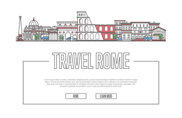 Travel Rome vector composition with famous architectural landmarks in linear style. Worldwide traveling and time to travel concept. Roman national attractions on white background, italian tourism.
