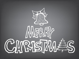 Merry Christmas with pine tree and bell. Lettering design in doodle style for Holiday and Happy New Year.