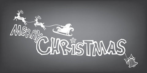 Merry Christmas with Santa sleigh and reindeer. Lettering design in doodle silhouette style for Xmas Holiday and Happy New Year.  © eakgaraj