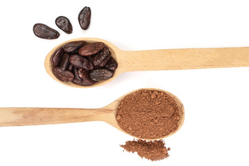 cocoa bean and cocoa powder in wooden spoon isolated on white background top view