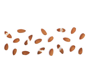 almonds isolated on white background with copy space for your text. Top view. Flat lay pattern