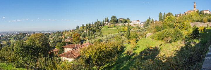 View of the hills that surround Bergamo during a day with clear blue sky, Orobie area, Lombardy, Italy