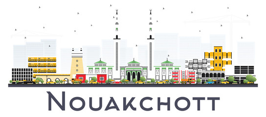 Nouakchott Mauritania Skyline with Color Buildings Isolated on White Background.
