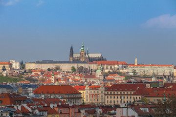Fototapeta premium Prague rooftops. Beautiful aerial view of Czech baroque architecture and St. Vitus Cathedral.