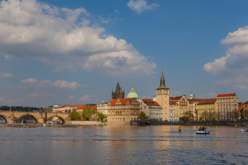 View on the river Vltava and the old town of Prague, Czech Republic, summer season, sunset time,