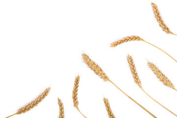 grain and ears of wheat isolated on white background with copy space for your text. Top view. Flat lay pattern