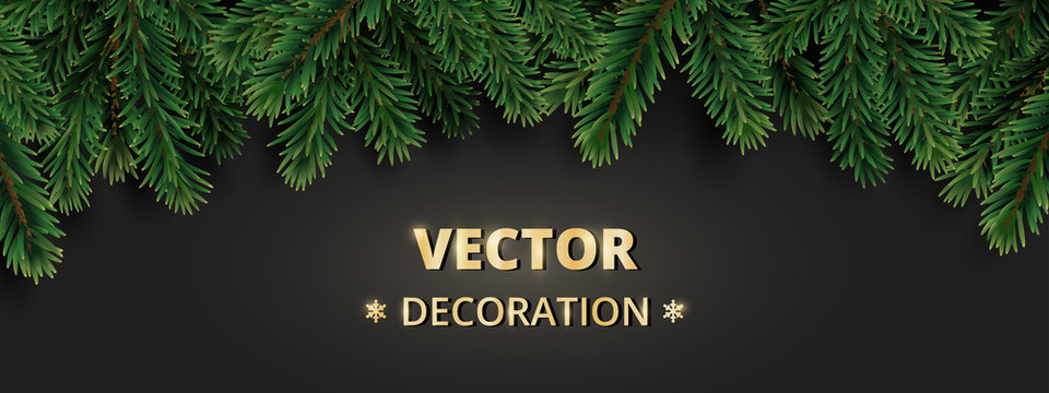 Winter holiday background with Christmas tree branches. Realistic fir-tree garland, frame