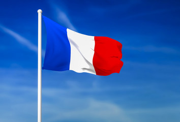Fototapeta na wymiar Waving flag of France on the blue sky background