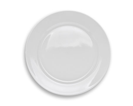 top view of empty white plate isolated on white background
