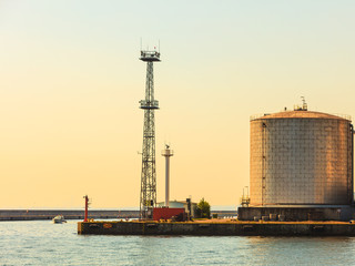 Silo in morning harbour.