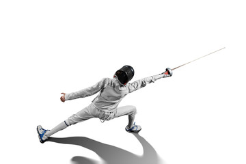 Fototapeta na wymiar male fencer in action isolated