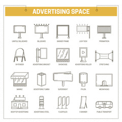 Advertising media constructions spaces vector thin line icons set