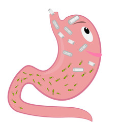 A Stomach taking medicines and Helicobacter pylori leaving. Cartoon style
