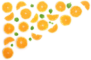 Slices of orange or tangerine with leaves isolated on white background with copy space for your text. Flat lay, top view