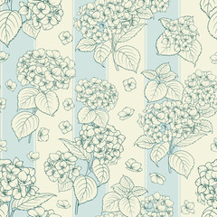 Blossom flower hydrangea on seamless background. Mop head hydrangea flower pattern. Beautiful blue flowers. Vector illustration.