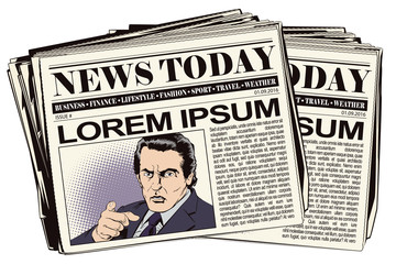 Strict businessman points with his finger. Stock illustration.