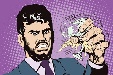 Angry man crushes glass with hand. Stock illustration.