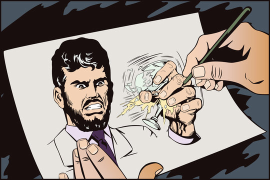 Angry man crushes glass with hand. Stock illustration.