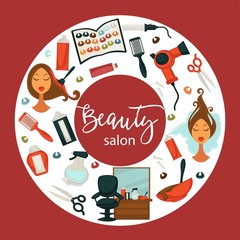 Hair beauty salon vector hairdresser parlor poster of hairdressing and dyeing equipment