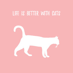 Silhouette walking cat and inscription. Health care, vet, nutrition, exhibition.