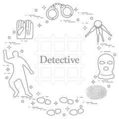 Criminal and detective elements. Crime, law and justice vector icons.