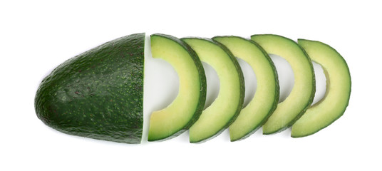 sliced avocado isolated on white background close-up. Top view