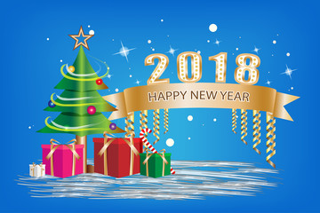 Fototapeta na wymiar Happy New Year Festival concept. Gift box and ribbon banner gold color with text decoration and Christmas tree on a blue background. 
