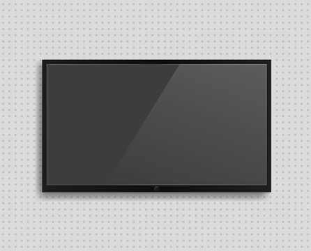 Vector realistic TV screen with shadow template. Modern black blank led, lcd, computer display, monitor. Large plasma television hanging on the wall mockup with light