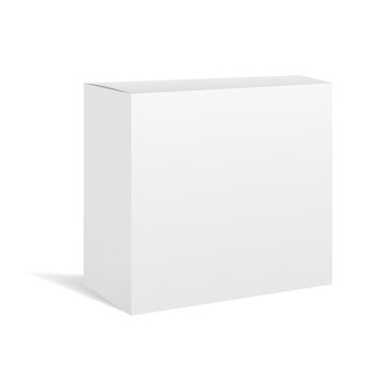 White vector realistic square box package mockup for your design. Blank rectangular container or cardboard template for cosmetic, medicine, software, appliance products