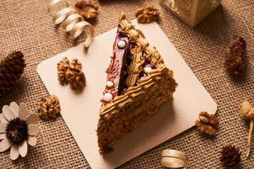 Piece of biscuit cake with chocolate