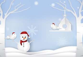 Christmas season with snowman and couple birds winter background paper art style, paper cut illustration