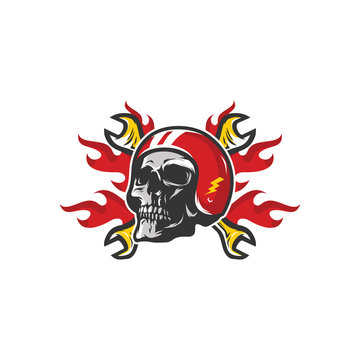 Skull race rider workshop vector design tool logo illustration