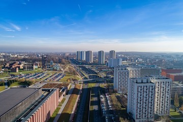 Fototapeta premium Aerial view on road and residential buildings in Katowice,