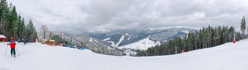Panorama of a ski resort in Carpathians, Ukraine