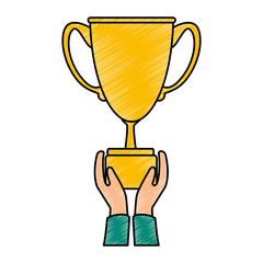 hands with trophy cup award icon vector illustration design
