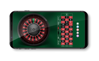 Realistic casino roulette wheel with chips isolated on green table. Online 3d casino roulette on smartphone with place for text. vector illustration