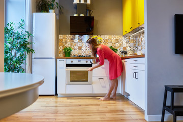 Charming woman in a beautiful dress takes out her cooked dish from the oven