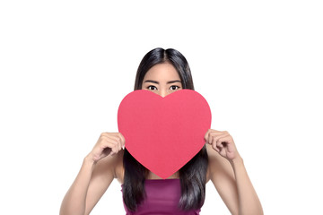 Portrait of asian girl holding red heart