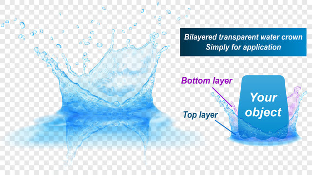 Translucent water splash crown with reflection consist of two layers: top and bottom. In light blue colors, isolated on transparent background. Transparency only in vector file