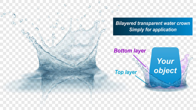 Translucent water splash crown with reflection consist of two layers: top and bottom. In gray colors, isolated on transparent background. Transparency only in vector file